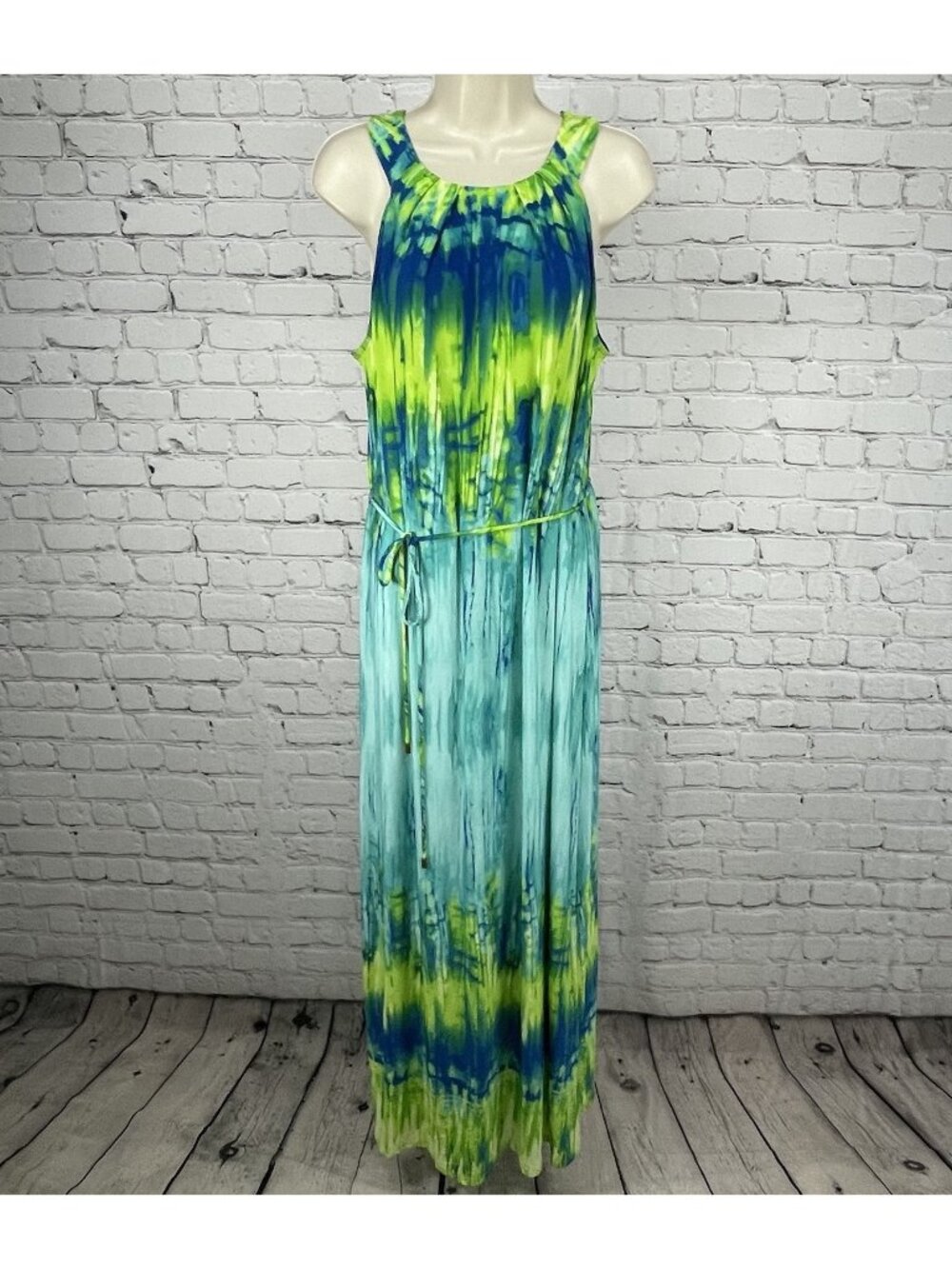 Sandra Darren Blue Green Tie Dye Sleeveless Lightweight Stretch Maxi Dress 12